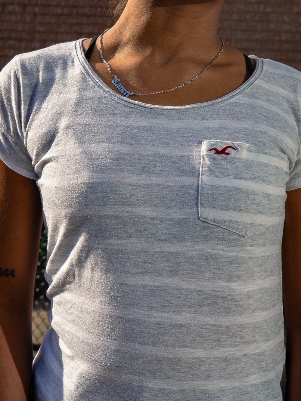 Hollister Gray & White Striped Short Sleeve Tee with Pocket